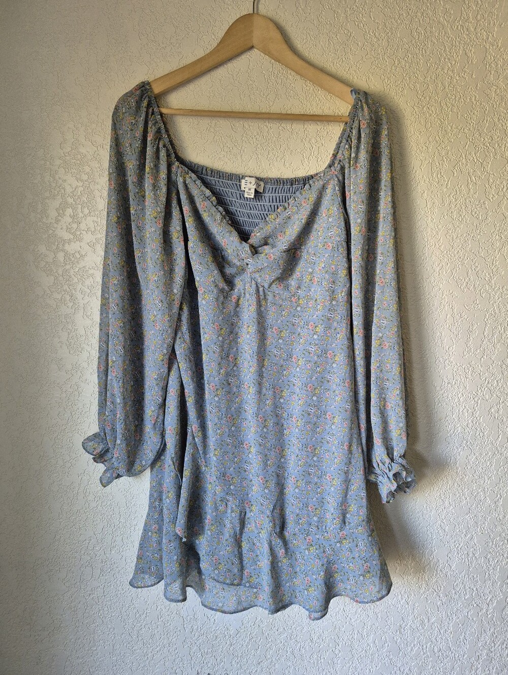 She + Sky Long Sleeve Blue Ditsy Floral Mini Dress Womens Size M